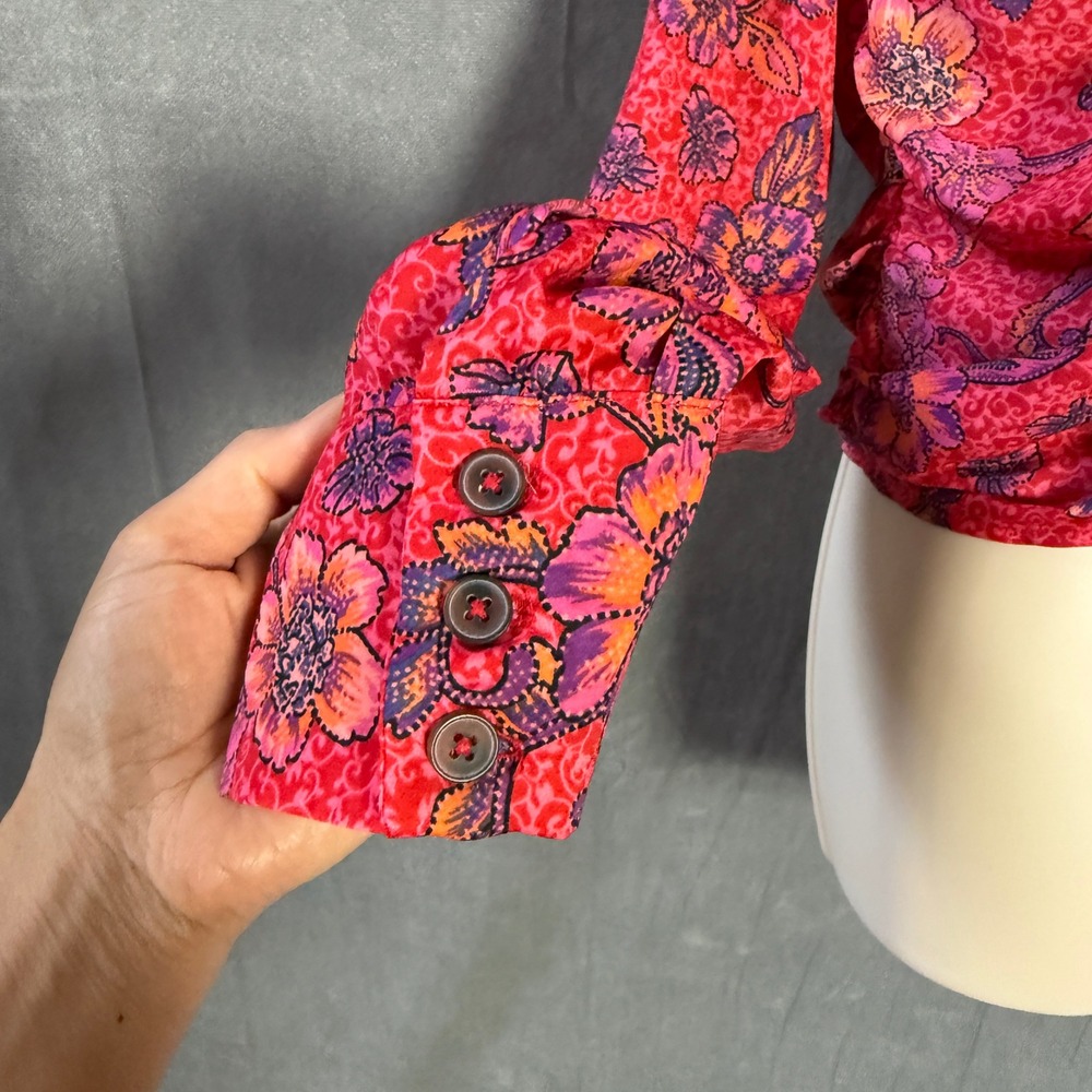 Free People Crop Top L Floral Ruched Blouse Red Pink Boho Bright Slip Smocked - Picture 15 of 16